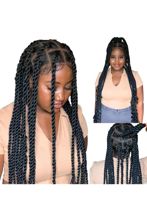 36&#34; Full 360 HD Transparent Lace Front Jumbo Knotless Twist Wig with Baby Hair - Handmade Synthetic hand-made Twisted wig for black women (36&#34; Jumbo Twists, Black) Jumbo Knotless Twists, Knotless Twist, Jumbo Knotless, Jumbo Twists, Wig Colors, Twist Braid, Wig For Black Women, Twist Braid Hairstyles, Rope Twist