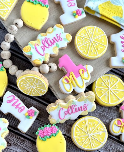 First birthday cookies. Lemon theme Lemon 2nd Birthday Theme, Lemon Birthday Cookies, Lemon First Birthday Cookies, Lemon Themed Cookies, Lemon Theme 1st Birthday Party, Lemon First Birthday Cake, Lemon One Year Birthday, First Birthday Lemon Theme, Lem-one-ade Party