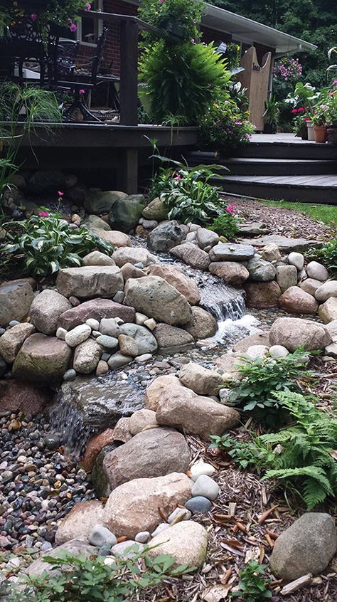 Garden Swales, Backyard Permaculture, Stream Bridge, Tiny Pond, Dry Riverbed Landscaping, Small Waterfalls, Garden Stream, Rain Gardens, Yard Drainage