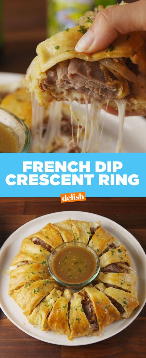 This French Dip Crescent Ring will have all your friends double dipping. Get the recipe from Delish.com. Croissant Pizza, French Dip Crescents, Crescent Ring Recipes, Crescent Roll Recipes Dinner, Pizza Appetizers, Pizza Dip, Crescent Recipes, Crescent Ring, Cheesecake Dip