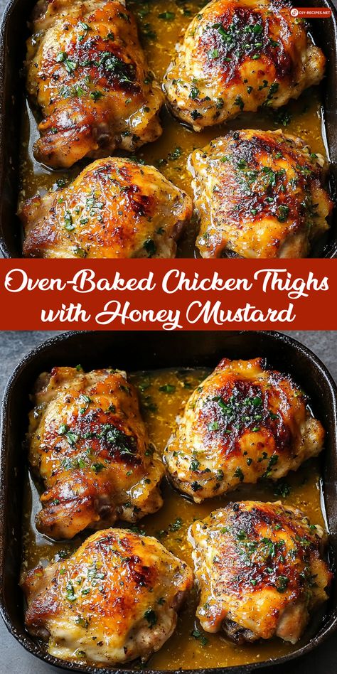 Enjoy these oven-baked chicken thighs covered in a tasty honey mustard sauce. Simple ingredients like garlic, herbs, and Dijon mustard make this dish irresistible! Chicken Thigh With Sauce Recipe, Sweet Baked Chicken Recipes, Honey Dijon Garlic Chicken, Honey Mustard Chicken Tenderloins, Puerto Rican Baked Chicken Recipes, Easy Honey Mustard Chicken, Baking Chicken Thighs In Oven, Chicken Mustard Sauce, Honey Mustard Sauce For Chicken