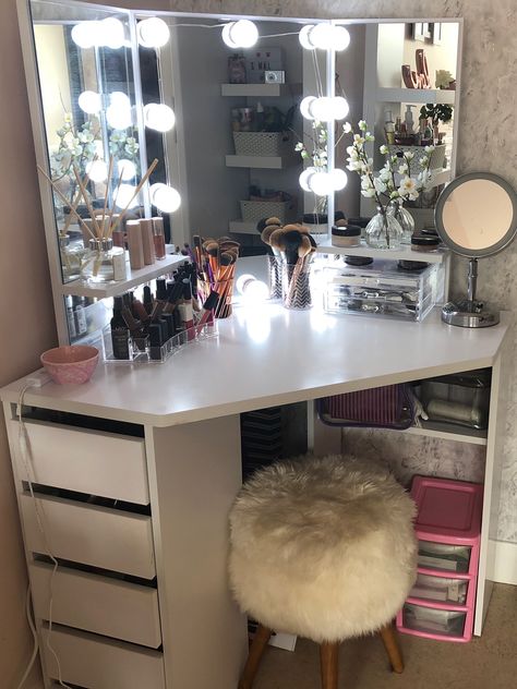 My corner vanity table, with DIY Hollywood lights x 
Perfect for small spaces Corner Makeup Shelf, Vanity Ideas Bedroom Corner, Diy Vanity Corner, Small Vanity Corner, Vanity In Corner Of Room, Small Makeup Desk Ideas, Corner Makeup Vanity Ideas Bedrooms, Small Corner Vanity Ideas Bedroom, Makeup Corner In Bedroom Small Spaces Vanity Ideas