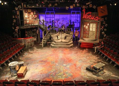 Rock of ages Scenic design by Cod Rutledge and Brittany Goodwin We Will Rock You Set Design, Cabaret Set Design, Rock Of Ages Musical, Aesthetic Theatre, Theatre In The Round, Scenic Design Theatres, Theatre Ideas, Theatre Inspiration, Theatre Lighting