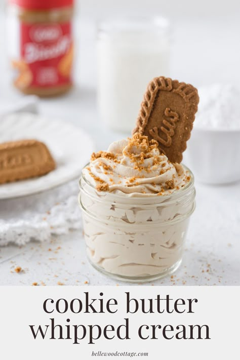 If you love the flavors of cookie butter, you will love this Biscoff Whipped Cream. It's amazing served over waffles, pancakes, desserts, and more. It's easy to make too. If you are looking for unique whipped cream flavors to try, this recipe is for cookie butter fans everywhere! Whipped Icing Recipes, Whipped Cream Recipes, Cinnamon Whipped Cream, Flavored Butter Recipes, Homemade Whipped Cream Recipe, Speculoos Cookie Butter, Flavored Whipped Cream, Whipped Cream Recipe, Recipes With Whipping Cream