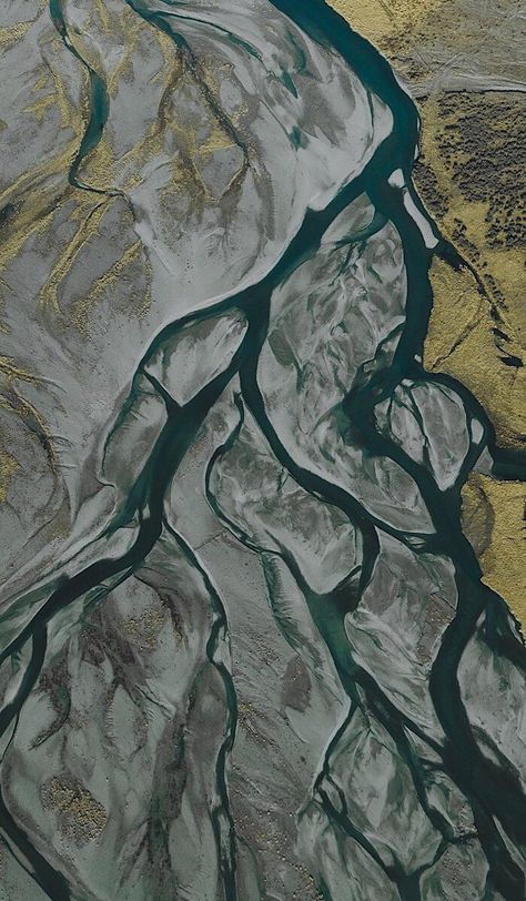 Always wanted to see glacial rivers from above finally got a chance to a few days ago. These are flowing into Lake Tekapo in New Zealand [OC] [700X1200] River From Above, River Mood Board, Vessel Illustration, Landscape From Above, Camelot Art, Connections Art, Overhead Photography, Strategic Design, Flowing River