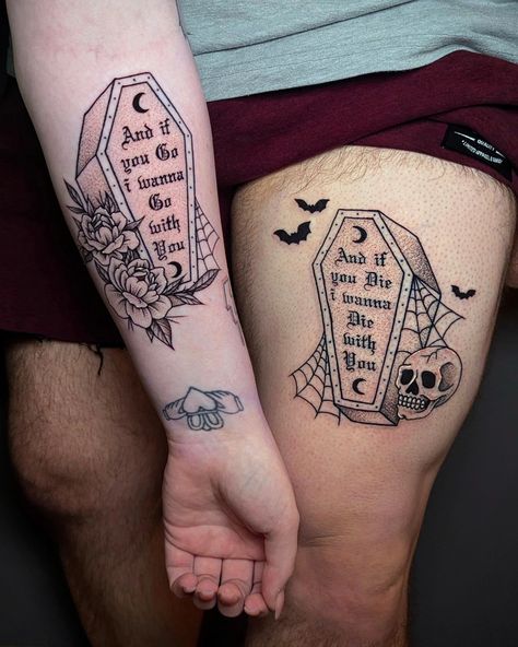 Lonely Day by System of a Down matching coffins 🖤✨ thank you guys! Coffin Tattoo, Sagittarius Tattoo Designs, Sagittarius Tattoo, System Of A Down, Knee Tattoo, Matching Tattoo, Word Tattoos, Cute Tattoos, Tatting