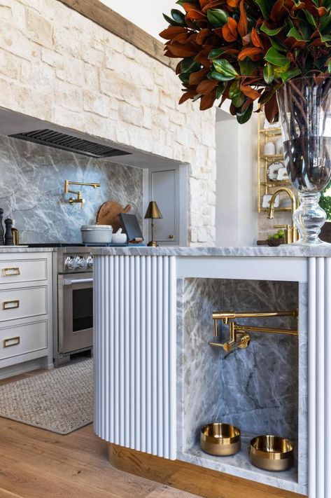 2024 Kitchen Trends, Stainless Steel Kitchen Cabinets, Blue Kitchen Island, Steel Kitchen Cabinets, Pet Feeding Station, 2024 Kitchen, Kitchen Remodel Ideas, Feeding Station, Dog Rooms