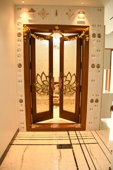 Devudu Room Door Designs, Pooja Room Design Simple, Home Gurudwara Design, Pooja Room Entrance Design, Puja Room Door Design Indian, Pooja Room Double Door Design Modern, Pooja Door Design Indian Homes, God Room Door Designs, Puja Room Door Design Indian Modern