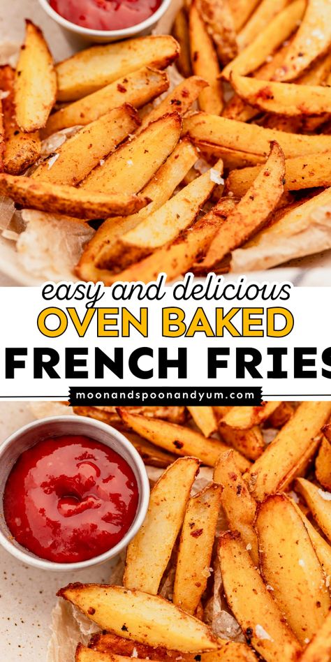 These oven-baked French fries are the ultimate snack to indulge in—without the hassle or the guilt! Seasoned to perfection and baked until crispy, golden, and delicious, you’ll just love how amazing these oven-baked fries will turn out. Trust me, this baked French fries recipe is sure to become one of your go-to’s in the kitchen! Homemade Oven Baked Fries, Potatoe Fries In The Oven, Homemade French Fries In Air Fryer Oven, Easy Oven Fries, Homemade Oven French Fries, Oven Fried French Fries, Homemade French Fries Oven, Frozen French Fries In The Oven, Crispy Baked Fries