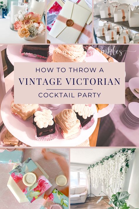 How to plan and DIY a Victorian themed cocktail party with wax stamp and mismatched floral details, tea and scones themed guest gift boxes, karaoke, and a custom basement cribbage card room. Victorian Party Theme Ideas, Victorian Cocktails, Victorian Birthday Party Ideas, Victorian Theme Party, Tea And Scones, Victorian Party, Victorian Queen, Card Room, Victorian Tea Party