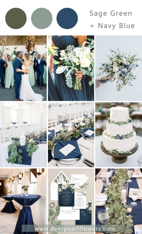 Navy Blue Wedding Color Schemes, Sage Green And Navy, Sage Wedding Colors, Navy Blue Wedding Theme, Wedding Color Schemes Blue, Navy Wedding Colors, Wedding Theme Color Schemes, Blue Green Wedding, Wedding Color Pallet