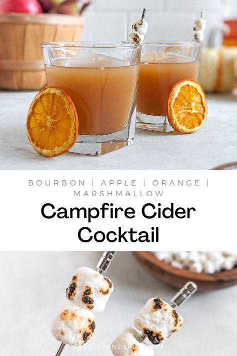 This cocktail is the taste of Fall, it is perfect for sipping on by the campfire. There is an apple base with hints of orange, bourbon, marshmallow, and vanilla. Campfire S’mores Cocktail, Marshmallow Bourbon Cocktail, Camp Theme Cocktail, Marshmallow Cocktail Drinks, Campfire Old Fashioned Cocktail, Camping Themed Cocktails, Camp Themed Cocktails, Smores Cocktail, Campfire Drinks