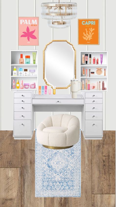 Beachy Vanity Bedroom, Beachy Vanity Ideas, Beachy Vanity, Beach Vanity, Preppy Vanity, Vibe Rooms, Girls Vanity, Girl Desk, Preppy Life