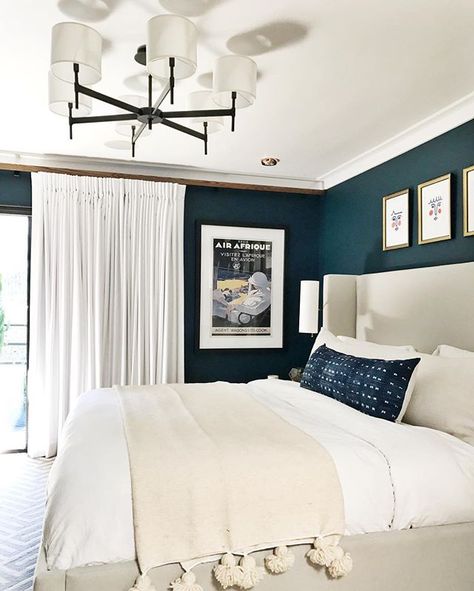 I HID ART BEHIND THE DRAPES IN MY BEDROOM TO SURPRISE AND DELIGHT MYSELF EVERY TIME I OPEN THEM. I CAN'T BELIEVE MY LIFE HAS COME TO THIS. #victim #orcondo @decorview Teal Bedroom, Dark Blue Walls, Spare Bedroom, Chic Bedroom, Blue Bedroom, Master Bedrooms Decor, Bedroom Colors, Bed Room, Cheap Home Decor