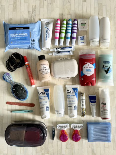 Carry-On Only Travel Guide: Toiletries — The Orderly Space Toiletries In Carryon, Travel Organization Packing Carry On Bag, What To Put In Carry On Bag Travel, Travel Sized Toiletries, Travel Essentials Toiletries, Toiletries Bag Essentials, Travel Bag Organization Ideas, Packing Carry On, Packing Toiletries For Travel