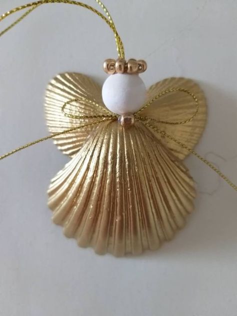 Seashell Angel, Seashell Christmas Ornament, Beach Ornament, Gold Angel Ornament, Beach Decor, Gift, Christmas Decoration, Angel Decoration - Etsy Sea Shell Angels Diy, Shell Ornaments Diy Seashell Crafts, Art From Shells, Angel Shell Art, Seashell Crafts Christmas, Shell Angels Craft Ideas, Christmas Seashell Ornaments, Christmas Shell Crafts Ideas, Christmas Shell Art