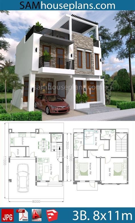 House Plans 5.4x10m With 3 Bedroom - SamHousePlans Two Storey House Plans, Philippines House Design, 3 Storey House Design, Two Story House Design, Modern House Floor Plans, 2 Storey House Design, Affordable House Plans, Two Story House, Duplex House Plans