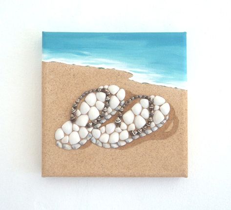 Flipflops on the Beach in Seashell Mosaic 3D Wall Art, Flipflops in the Sand Collage, Beach House Decor, Flipflops Beach Life Art, Flipflops - Etsy Sea Shell Canvas Art, Beach Art Diy, 3 Dimensional Art, Seashell Mosaic, Seashell Artwork, Shell Artwork, Art Plage, Beach Themed Crafts, Seashell Wall Art