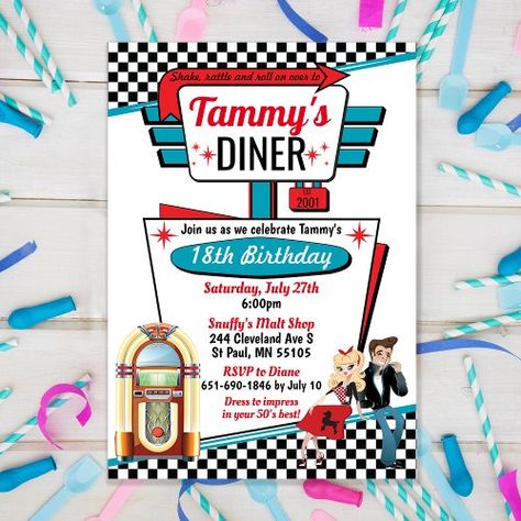 1950's Diner, Grease Themed Parties, Retro Birthday Party, Grease Party, Retro Birthday Parties, Sock Hop Party, 1950s Diner, Diner Party, 50s Diner