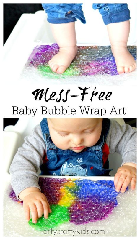 Fabulous sensory art project for kids with bubble wrap. Ideal for baby sensory and mess-free painting! #funwithbabies #easybabyactivities #activitiesforbabies #playwithbabies Baby Art Activities, Bubble Wrap Art, Mess Free Painting, Infant Classroom, Baby Sensory Play, Baby Art Projects, Sensory Art, Baby Play Activities, Toddler Sensory