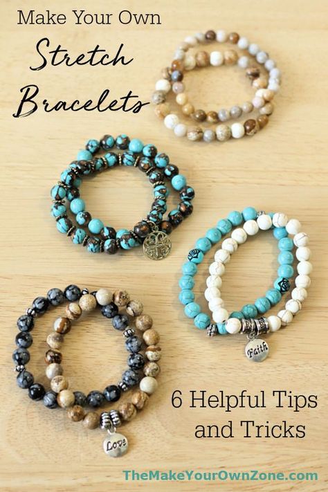 Make stylish stretch cord bracelets that are fun to wear using these 6 handy tips. You won't be able to make just one! Bead Stretch Bracelets Diy, Making Bead Bracelets How To, How To Make Crystal Bead Bracelets, Making Elastic Bracelets, Stretch Beaded Bracelets Diy How To Make, Diy Bead Bracelets Stretch, Diy Bracelets Braided, Making Boho Jewelry, Beaded Stretchy Bracelet Ideas