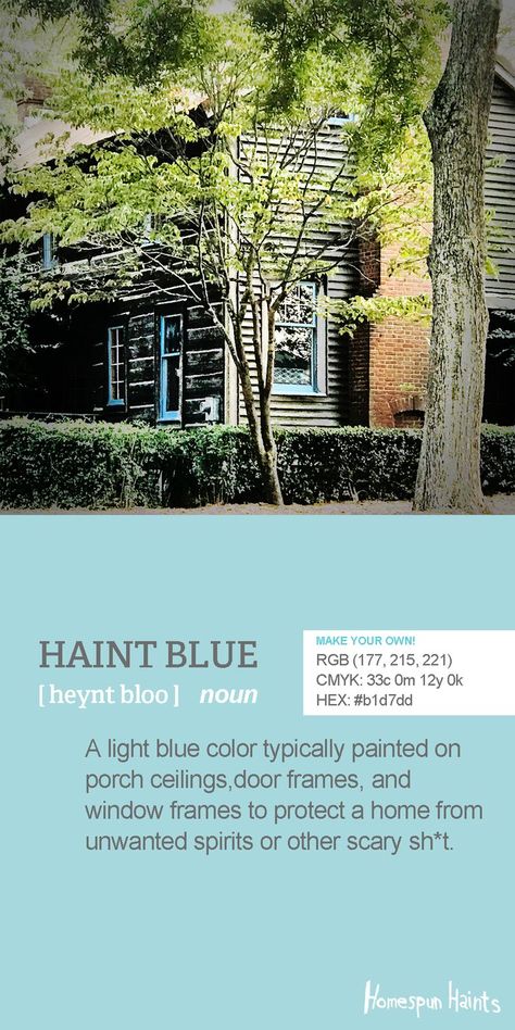 A log cabin with haint blue trim spotted in the wilds of Roswell, GA, along with instructions for how to make your own haint blue color for protection from ghosts. Haunt Blue, Color For Protection, African Folklore, Haint Blue Porch Ceiling, Blue Porch Ceiling, Blue Porch, Haint Blue, Southern Porches, Southern Architecture