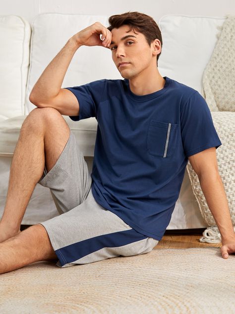 Multicolor Casual  Short Sleeve Polyester Colorblock   Slight Stretch  Men Underwear & Loungewear Manche, Men Loungewear, Short Pj Set, Navy Blue Shorts, Slim Fit Top, Loungewear Sets, Dark Jeans, Short Sleeve Top, Wide Leg Jeans