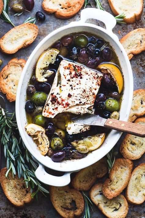 Baked Feta Cheese with Olives, Lemon and Rosemary Diet Salads, Baked Feta Cheese, Arabisk Mad, Baked Feta, Idee Pasto, Baked Cheese, Clean Diet, Smitten Kitchen, Party Platters