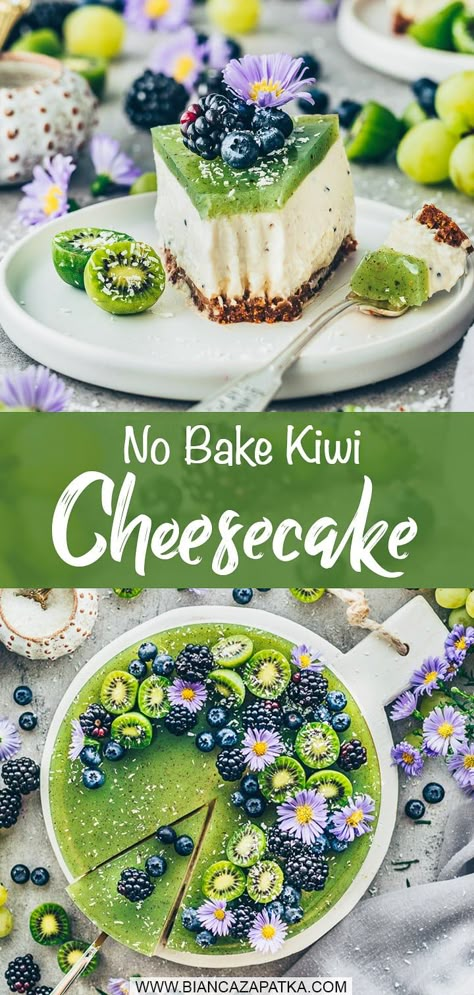 Vegan No Bake Kiwi Cheesecake This No Bake Kiwi Cheesecake with a crispy cookie crust and a gorgeous kiwi jelly glaze is super easy and tastes as delicious as a classic cheesecake, but is healthier and vegan! Using fresh kiwis gives the light creamy cheesecake a refreshing sweet and tangy flavor and a lovely appearance. Cheesecake Recipes Vegan, Kiwi Cheesecake Recipes, Kiwi Dessert Recipes, Kiwi Jelly, Kiwi Desserts, Dessert Kiwi, Kiwi Cheesecake, Kiwi Ideas, Kiwi Dessert