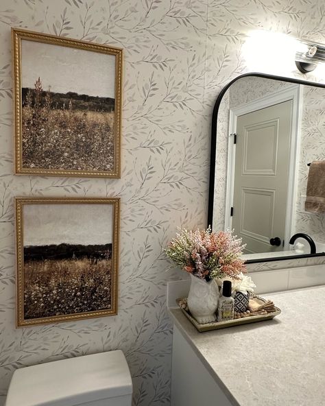 Wait is this not the cutest bathroom?! @shaylaackerman created the most beautiful space with our peel and stick wallpaper! This design is perfectly neutral and suits all home decor styles including both vintage and modern! ✨ Linked in stories. Bathroom Spa Wallpaper, Sticky Wallpaper Bathroom, Wallpaper In Bathroom With Shower, Neutral Bathroom With Wallpaper, Wallpaper For Grey Bathroom, Accent Wall Restroom, Peel And Stick Wallpaper Bathroom Accent Wall, Bathroom Wallpaper Half Wall, Wallpaper Peel And Stick Bedrooms