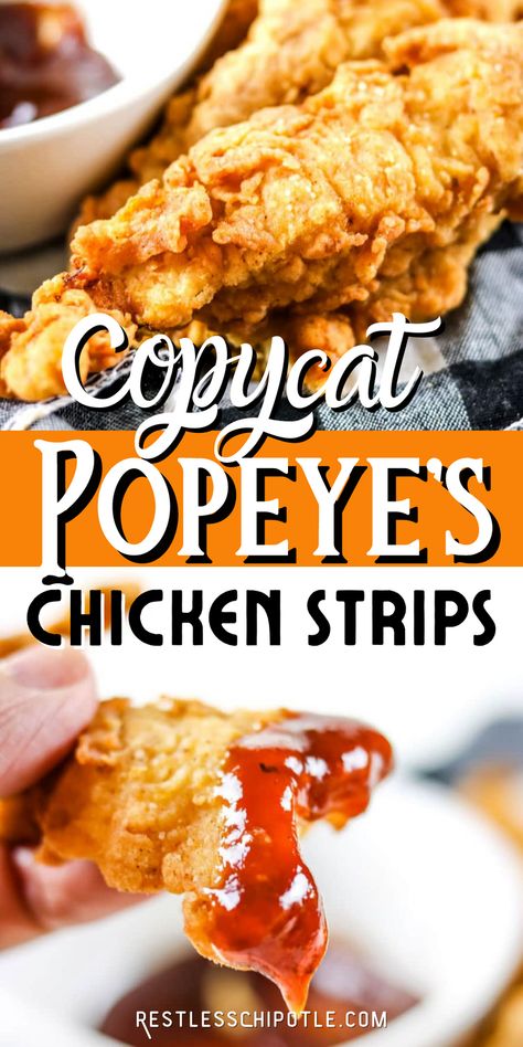 Rotisserie Chicken Strips Recipes, Chicken Strips Air Fryer Recipes, Airfryer Chicken Strips, Popeyes Tenders, Best Chicken Strips Recipe, Homemade Chicken Strips In Air Fryer, Popeyes Chicken Tenders Recipe, Spicy Chicken Tender Recipes, Chicken Breast Strip Recipes