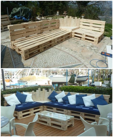 #Outdoor, #PalletCouch, #PalletGardenSet, #PalletLounge, #PalletSofa, #RecyclingWoodPallets We built this Outdoor Pallet Sectional Set out of 12 pallets, and it took us about 12 hours. This will turn any boring deck or patio area into an outdoor area that encourages everyone to come outside!   Outdoor Pallet Sectional Set: We started Outdoor Pallet Sectional, Pallet Couch Outdoor, Pallet Sectional, Pallet Furniture Plans, Diy Pallet Couch, Pallet Lounge, Outdoor Pallet, Pallet Furniture Designs, Pallet Garden Furniture