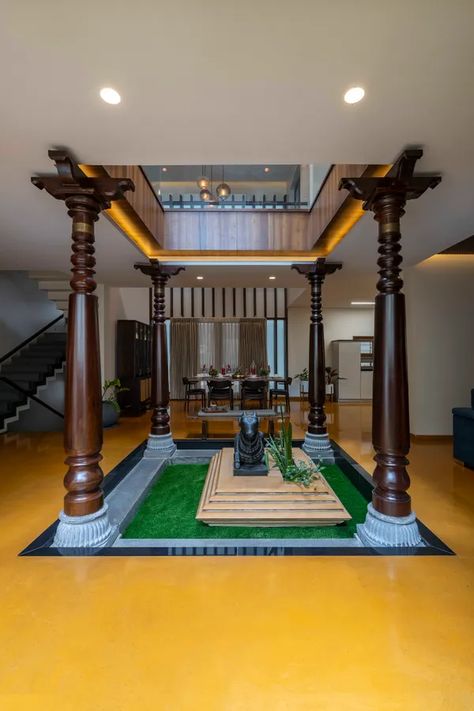 Interior Pillars, Chettinad House, Indoor Courtyard, Wooden Pillars, Indian Home Design, Courtyard Design, Kerala House Design, Kerala Houses, Pooja Room Design