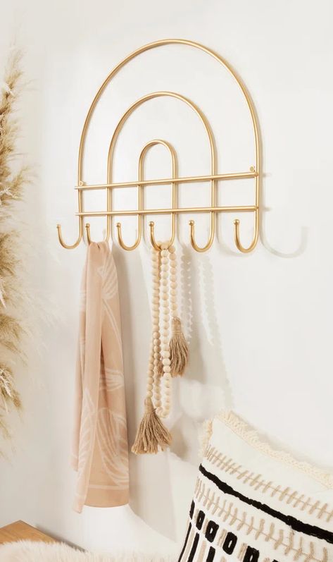 Guram 20'' Wide 6 - Hook Wall Mounted Coat Rack in Gold Gold Wall Hooks Entryway, Household Necessities, Teenage Girl Room, Rainbow Arch, Kids Playroom Furniture, Loft Bathroom, Boho Twists, Arch Wall, Arch Shape