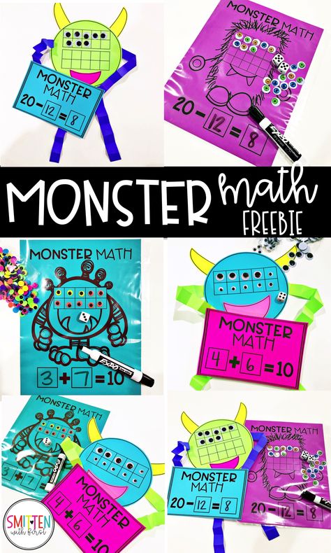 Monster Math FREEBIE for addition and subtraction - Smitten with First Subtraction Centers First Grade, Think Addition To Subtract, 2digit Addition, Monster Math Activities, Halloween Subtraction, Halloween Math Games, Halloween Math Centers, Math Centres, Halloween Math Activities