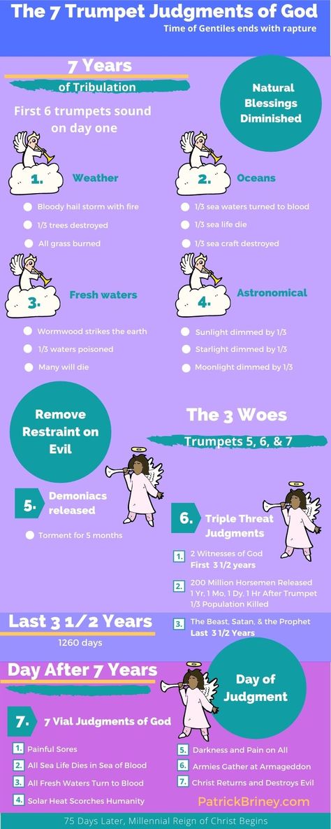 The 7 trumpets of God are blown during the 7 years of tribulation and judgments are foretold. The first 6 trumpets blow on day one. The 7th trumpet is blown on the day after the 7 years. This fulfills the 1260-day reign of the beast. Immediately on day 1261, the last trumpet blows and the 7 vials are poured out on the earth. The 6th trumpet has 3 judgments: the 2 witnesses of God, the 200 million horsemen, and the beast (antichrist). Those in Christ have nothing to fear. Are you worried? Day Of Trumpets, 7 Trumpets Of Revelation, 7 Trumpets, Bible Truths, Hail Storm, Nothing To Fear, Bible Study Notes, Prayer Verses, Bible Reading