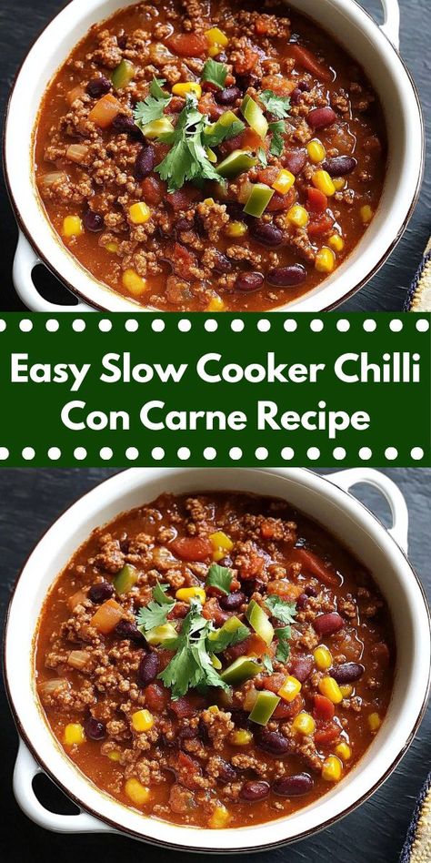 Craving slow cooker meals? This Easy Slow Cooker Chilli Con Carne Recipe is perfect! A chili recipe easy to make, ideal for slow cooker meal nights, dinner ideas, and dinner recipes for family or two. Chilli Con Carne Slow Cooker, Chili Meals, Slow Cooker Chilli Con Carne, Easy Slow Cooker Chili, Slow Cooker Chilli, Chilli Con Carne Recipe, Slow Cooker Chili Easy, Chili Con Carne Recipe, Carne Recipe