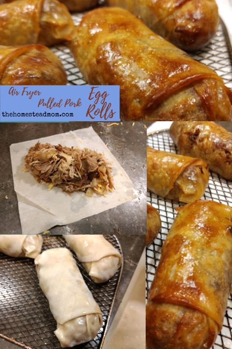 Air Fryer Pulled Pork Egg Rolls. Use up all that leftover pulled pork! #pulledpork #leftovers #mmgood #delicious #homestead #airfryer #whatsfordinner #homesteadmomdotcom #easyrecipes Pulled Pork Egg Rolls Air Fryer, Shredded Pork Egg Rolls, Bbq Pork Egg Rolls, Pork Egg Rolls Air Fryer, Recipes Using Pulled Pork Leftovers, Pulled Pork Leftover Ideas, Bbq Egg Rolls, Leftover Pulled Pork Ideas, Air Fryer Pulled Pork