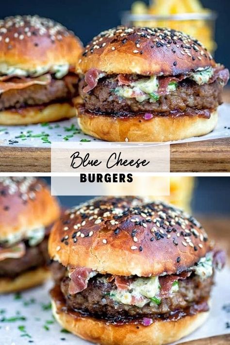 Burger With Blue Cheese, Beef And Blue Cheese Sliders, Burger Blue Cheese, Gourmet Burgers Recipes Homemade, Juicy Food Recipes, Fancy Burgers Ideas, Blue Cheese Sauce For Burgers, Gourmet Burger Recipes, Fun Burger Ideas