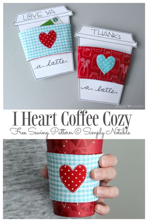 DIY Valentine Heart Coffee Cozy Free Sewing Pattern | Fabric Art DIY Sew Coffee Cozy, Sewing Teacher Gifts Ideas, Coffee Cozy Sewing Pattern, Sewing Teacher Gifts, Christmas Gifts Diy Homemade, Valentines Bricolage, Coffee Cozies, Valentine Coffee, Cup Cozies