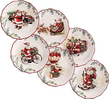 Amazon.com: Bico Santa On The Way Ceramic Appetizer Plates, 6 inch, Set of 6, for Tapas, Salad, Appetizer, Microwave & Dishwasher Safe : Home & Kitchen Christmas Dinner Set, Kirklands Christmas Plate Sets 2022, Christmas Dinnerware Sets Bed Bath & Beyond, Christmas Dishes, Appetizer Plates, Christmas Plates, Contemporary Ceramics, Gorgeous Gift, Ceramic Plates