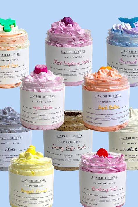 Lavish Butters carries body scrubs that leaves the skin soft and moisturized. The body polish gently exfoliates the dead skin cells resulting in smooth glowing skin. Sugar Scrub Packaging, Handmade Body Scrub, Shea Butter Benefits, Body Foam, Lotion Brands, Foaming Sugar Scrub, Skin Care Business, Body Scrub Recipe, Body Butters Recipe