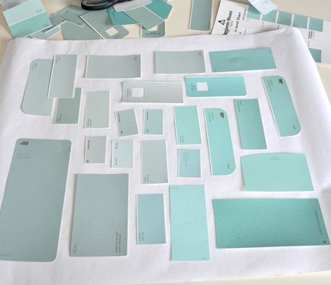 When choosing paint colors, cut the swatches apart and only look at the colors you really like on a white piece of paper.  I would keep a second swatch of the colors intact as the gradient helps you to see what the base color is. Robins Egg Blue Paint, Blue Bathroom Paint, Choosing Paint Colours, Choosing Paint, Blue Furniture, Painted Front Doors, Blue Paint Colors, School Room, Colour Inspiration