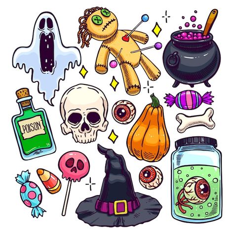 Halloween Tattoo Flash, Halloween Symbols, Halloween Tattoo, Halloween Illustration, Desenho Tattoo, Halloween Icons, Halloween Drawings, Halloween Tattoos, Halloween Cartoons