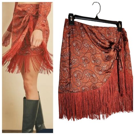 Free Forum Fringe Skirt In Size Small New With Tags Silky Polyester Waist Has A Little Bit Of Stretch. Stretches To 14" Flat Across Size Small Is Modeled On My Xs 5'8" Mannequin "This Bold Burnt Orange Rust Colored Paisley Print Skirt Is Perfect For A Fun Night Out In Nashville Or A Country Concert. The Flirty Fringe Edges And Classic Overlay Tie Closure Give It A Unique And Stylish Look, While The Hidden Back Zipper Closure Ensures A Perfect Fit. The Skirt Is Fully Lined With 100% Polyester For Bohemian Fringe Mini Skirt For Festival, Red Fringe Skirt Western, Beige Fringe Skirt, Fitted Bohemian Brown Mini Skirt, Brown Fringe Mini Skirt, Pink Floral Skirt, Asymmetrical Midi Skirt, Sequin Pencil Skirt, Ruched Midi Skirt