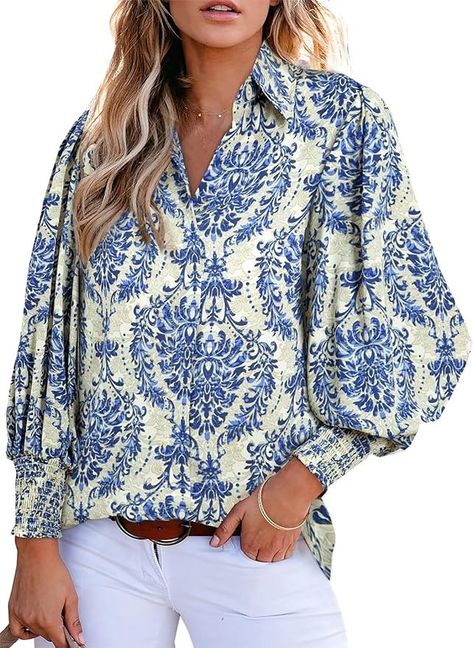 Astylish Boho Tops for Women 2024 Puff Sleeve Blouse Summer V-Neck Chiffon Paisley Oversized Button Down Shirt Dressy Orange X-Large at Amazon Women’s Clothing store Balloon Sleeves Blouse, Oversized Button Down Shirt, Lantern Sleeved Blouses, Older Women Fashion, Balloon Sleeve Blouse, Sleeves Blouse, Blouse Tops, Loose Outfit, Puff Sleeve Blouse