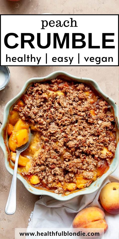 This is the best quick and easy healthy peach crisp recipe - the sweet, juicy peach filling is topped with a melt-in-your-mouth buttery oat crumble. It's gluten-free, vegan, naturally sweetened with maple syrup, and the perfect Summer dessert. You can use fresh or frozen peaches. Vegan Peach Crumble, Vegan Peach Crisp, Healthy Peach Dessert, Gluten Free Peach Crisp, Healthy Peach Crisp, Gluten Free Crumble, Peach Filling, Peach Crisp Recipe, Vegan Peach