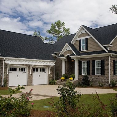 Garage at right angle to house Brown House Exterior, White Window Trim, Tan House, Shutter Colors, Brick Siding, Living Colors, Black Shutters, Brown Roof, Siding Colors