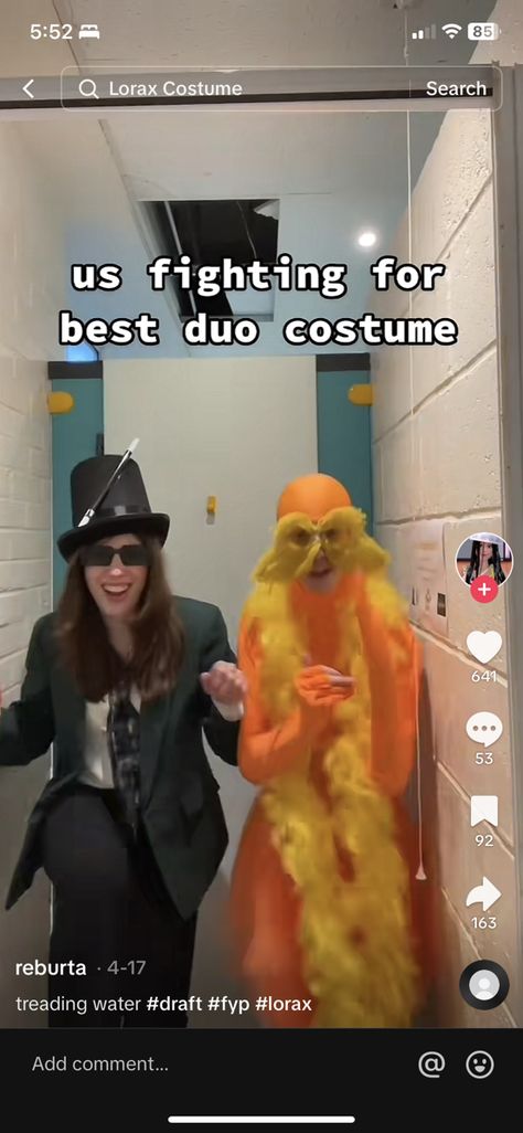 Lorax Halloween Costumes Group, The Lorax And Oncler Costume, Lorax Costume Women, Ohare Lorax, Lorax And Onceler Costume, Oncler Costume, Funny Halloween Costumes Duo, Best Duo Costumes, Big Group Halloween Costumes