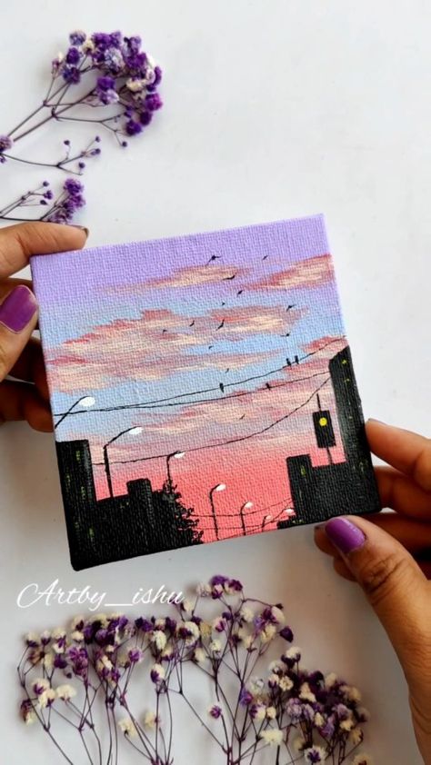 Mini Canvas Art Sky, Cityscape Mini Painting, Small Mini Canvas Paintings, Canvas Pastel Art, Mini Canvas Sky Paintings, What To Paint On A Square Canvas, Mini Sky Painting, Mini Paintings Acrylic, Mini Canvas Sunset Paintings